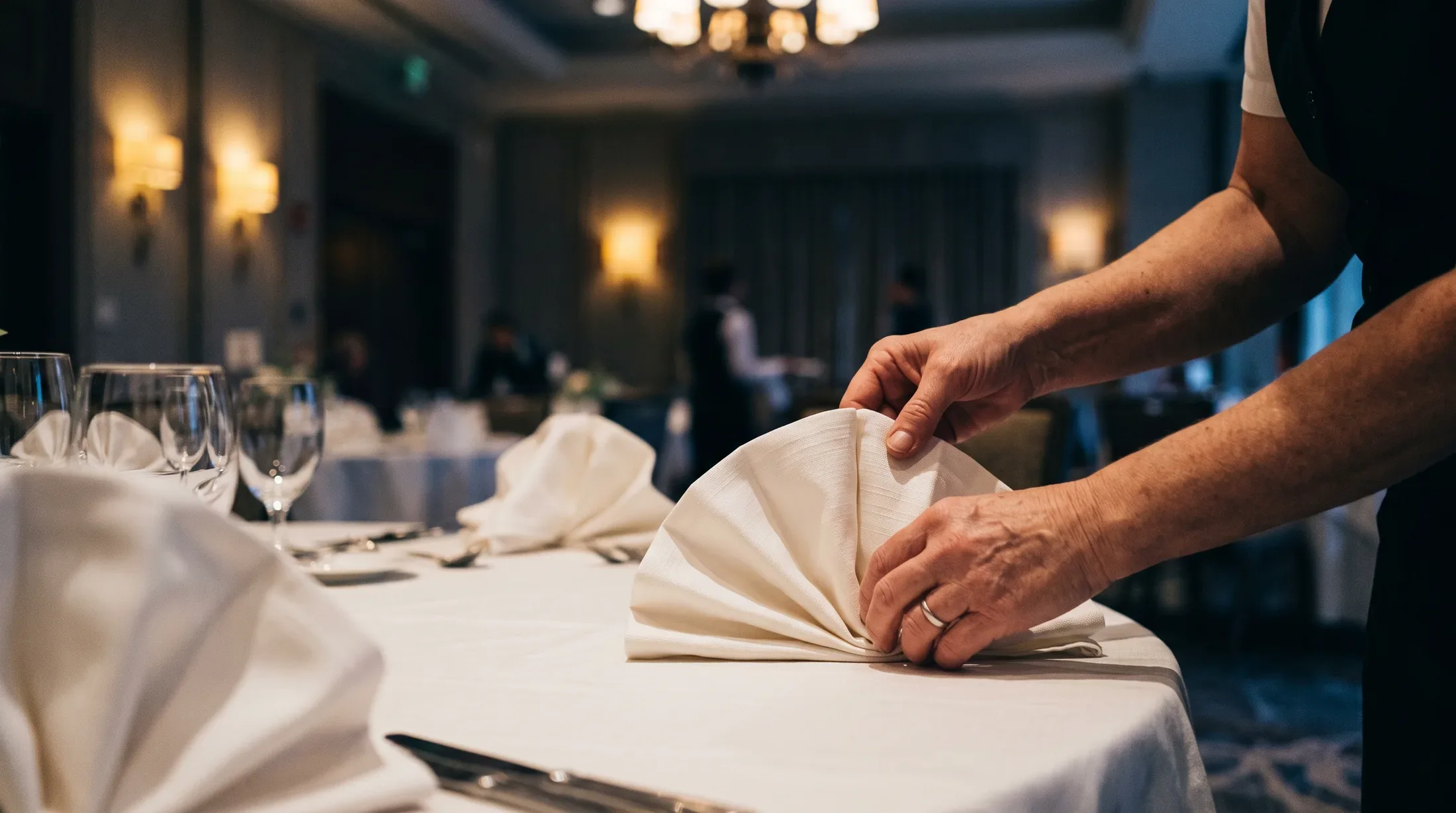 A banquet server's hands folding a linen napkin on a set ballroom table