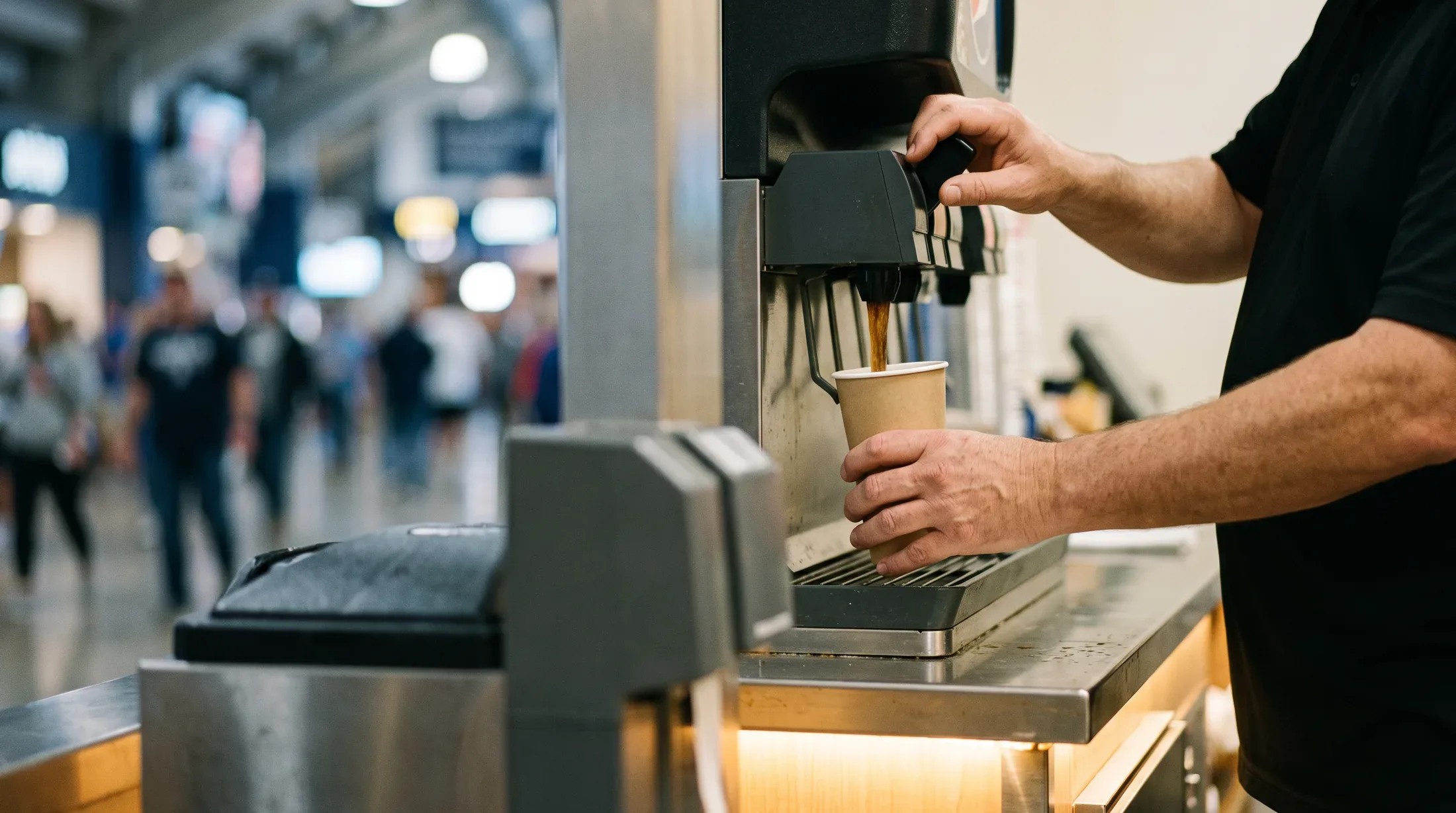 A concessions attendant's hands pouring a drink at a stadium stand