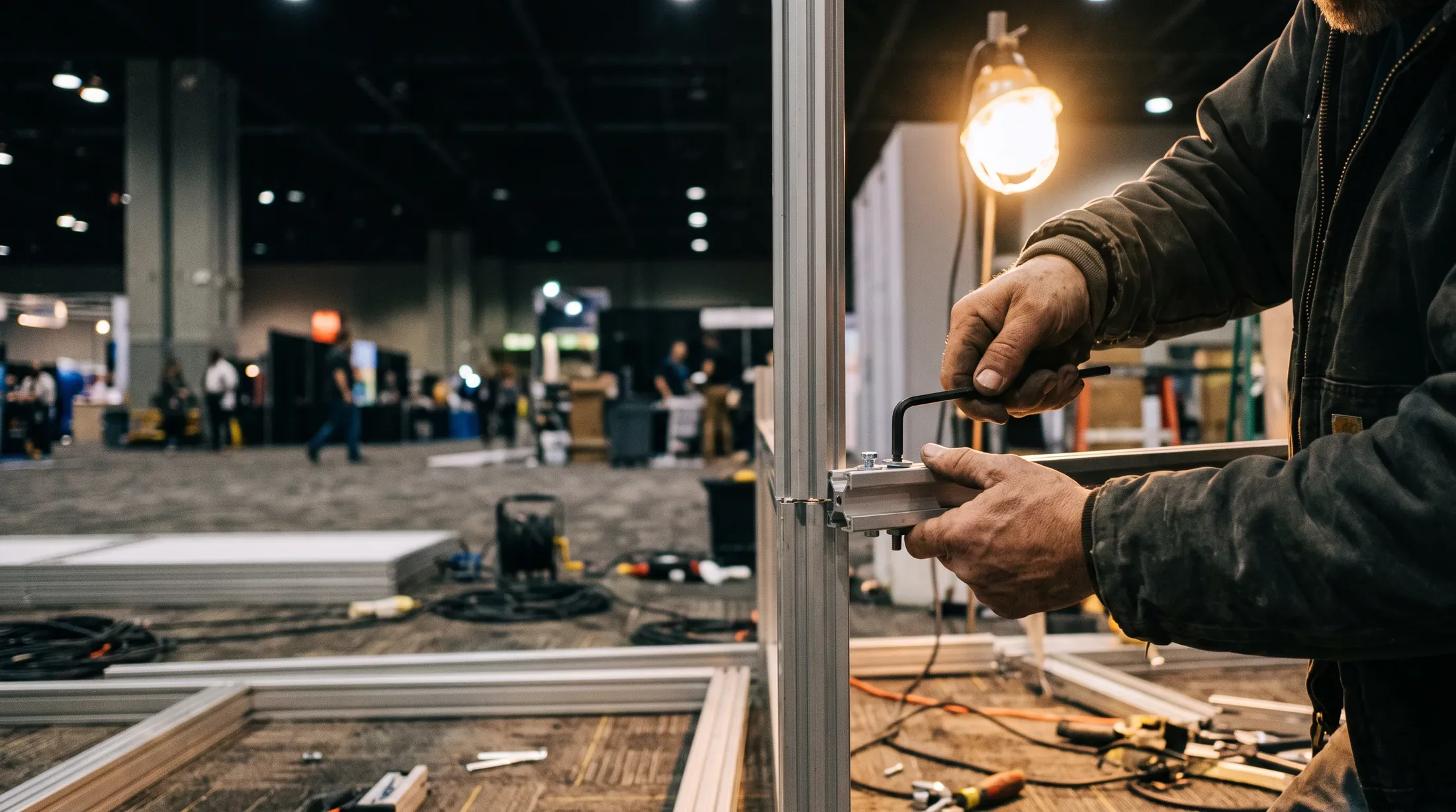 A crew member's hands assembling an aluminum booth frame with a hex key