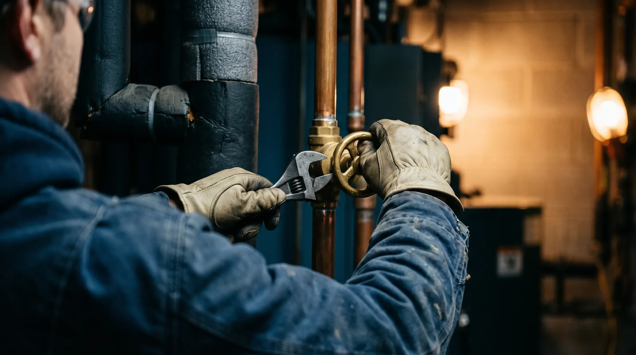 A maintenance technician's gloved hands turning a brass valve on copper pipework with a wrench
