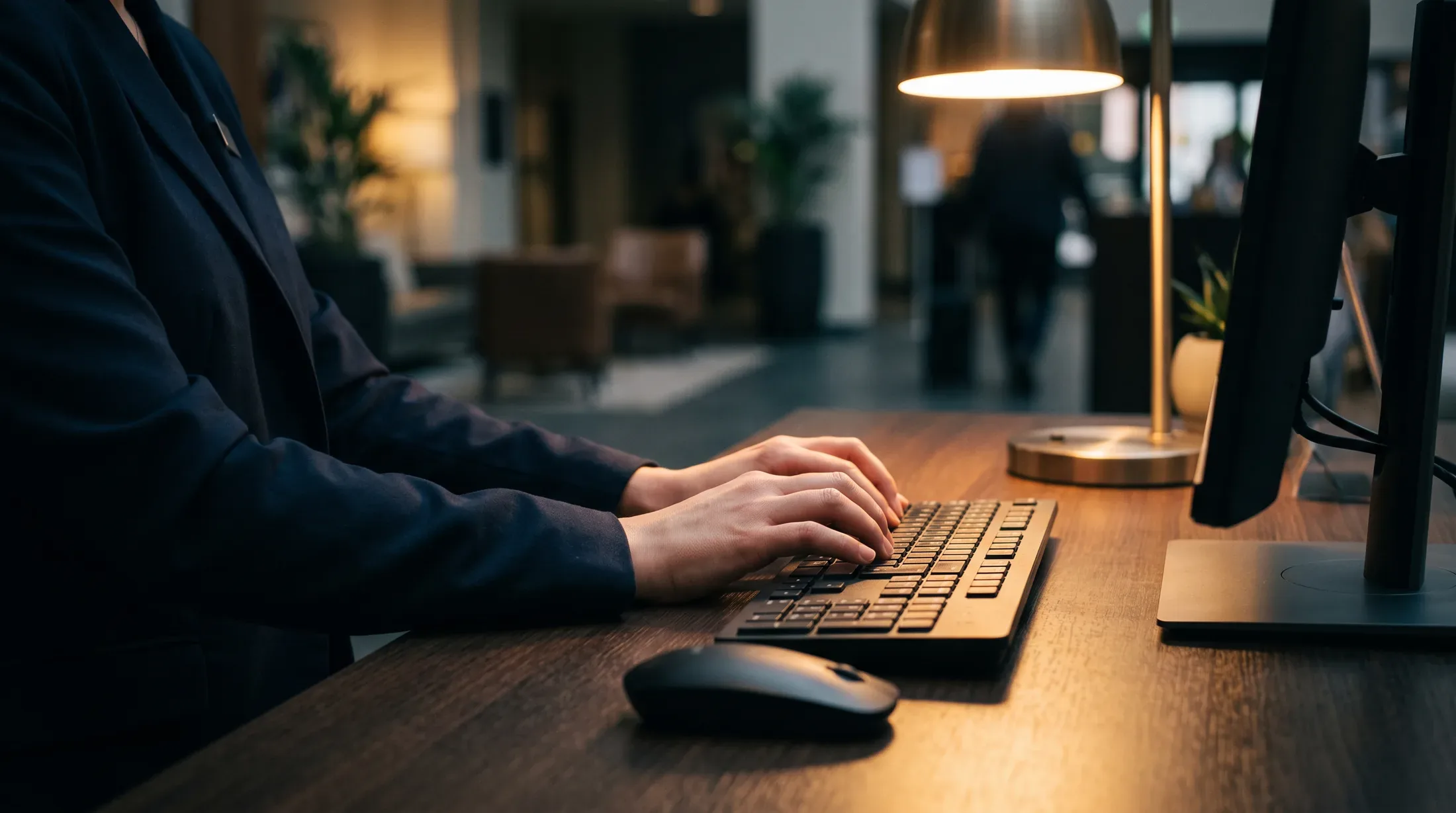 A front desk agent's hands typing at a hotel front desk terminal