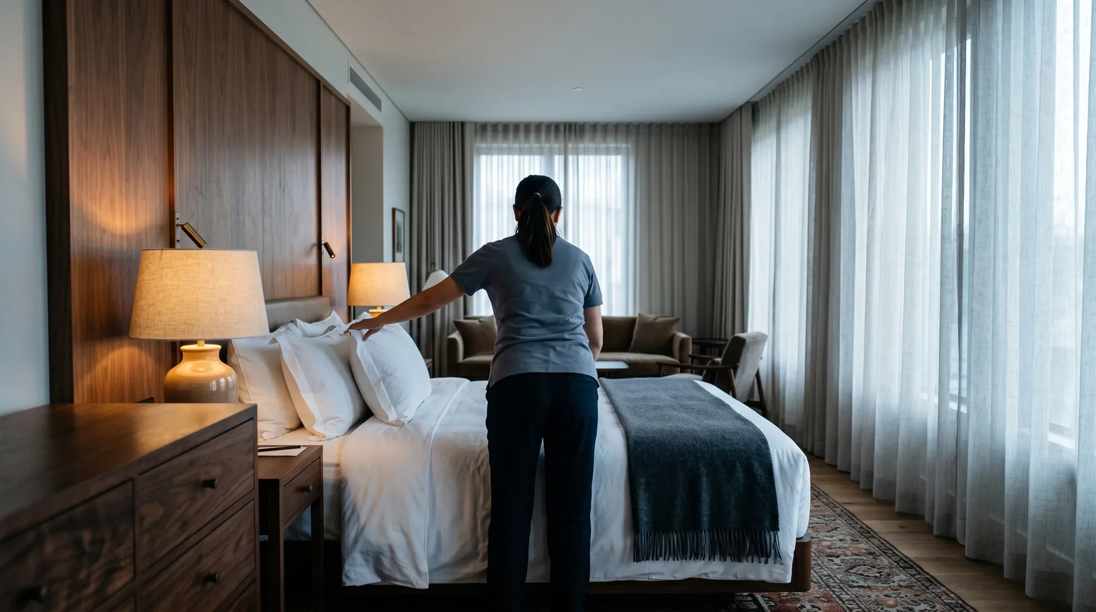 A room attendant seen from behind squaring the last pillow on a freshly made bed in a sunlit hotel suite