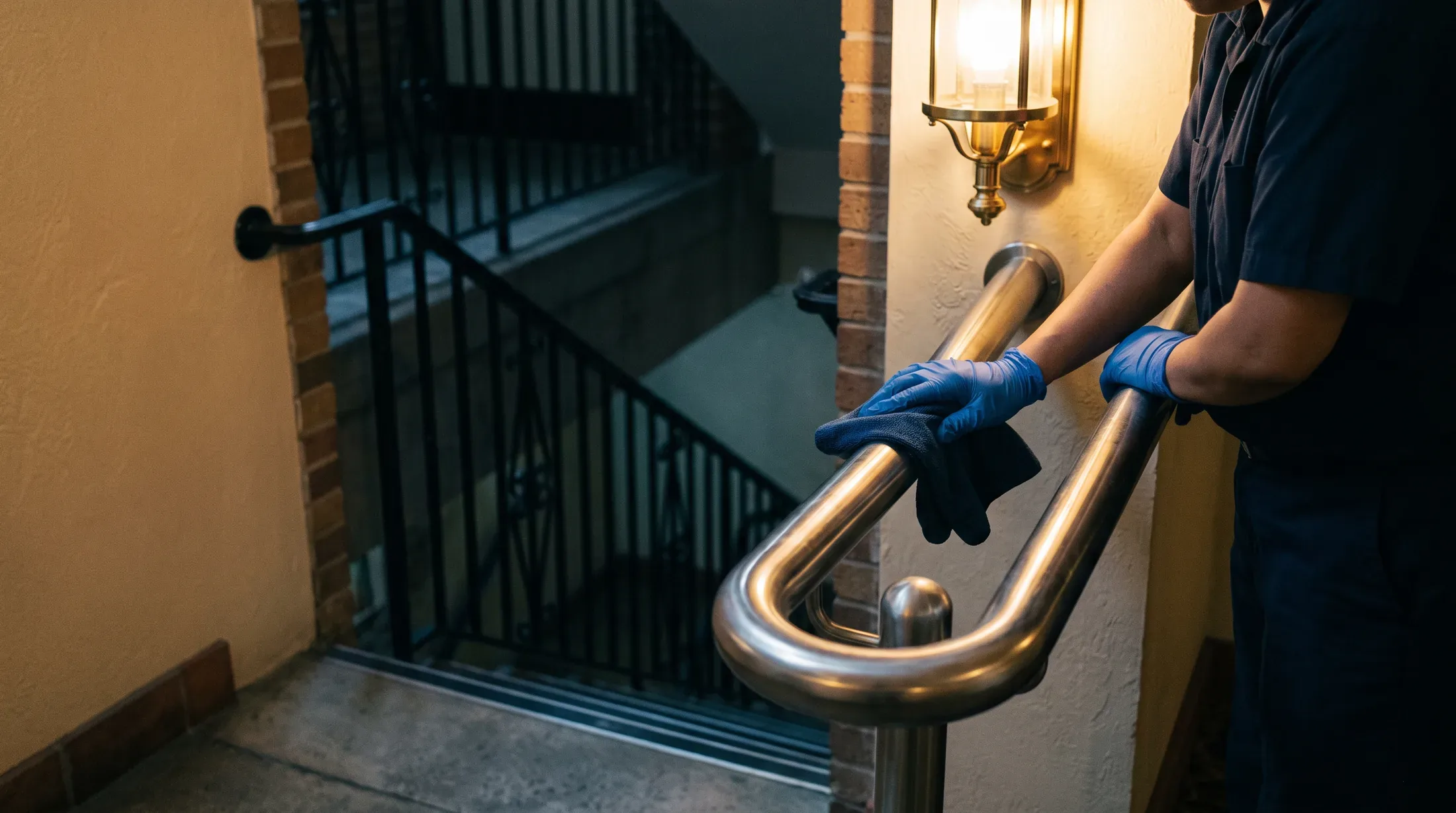 A janitorial attendant's gloved hands wiping down a stairwell handrail
