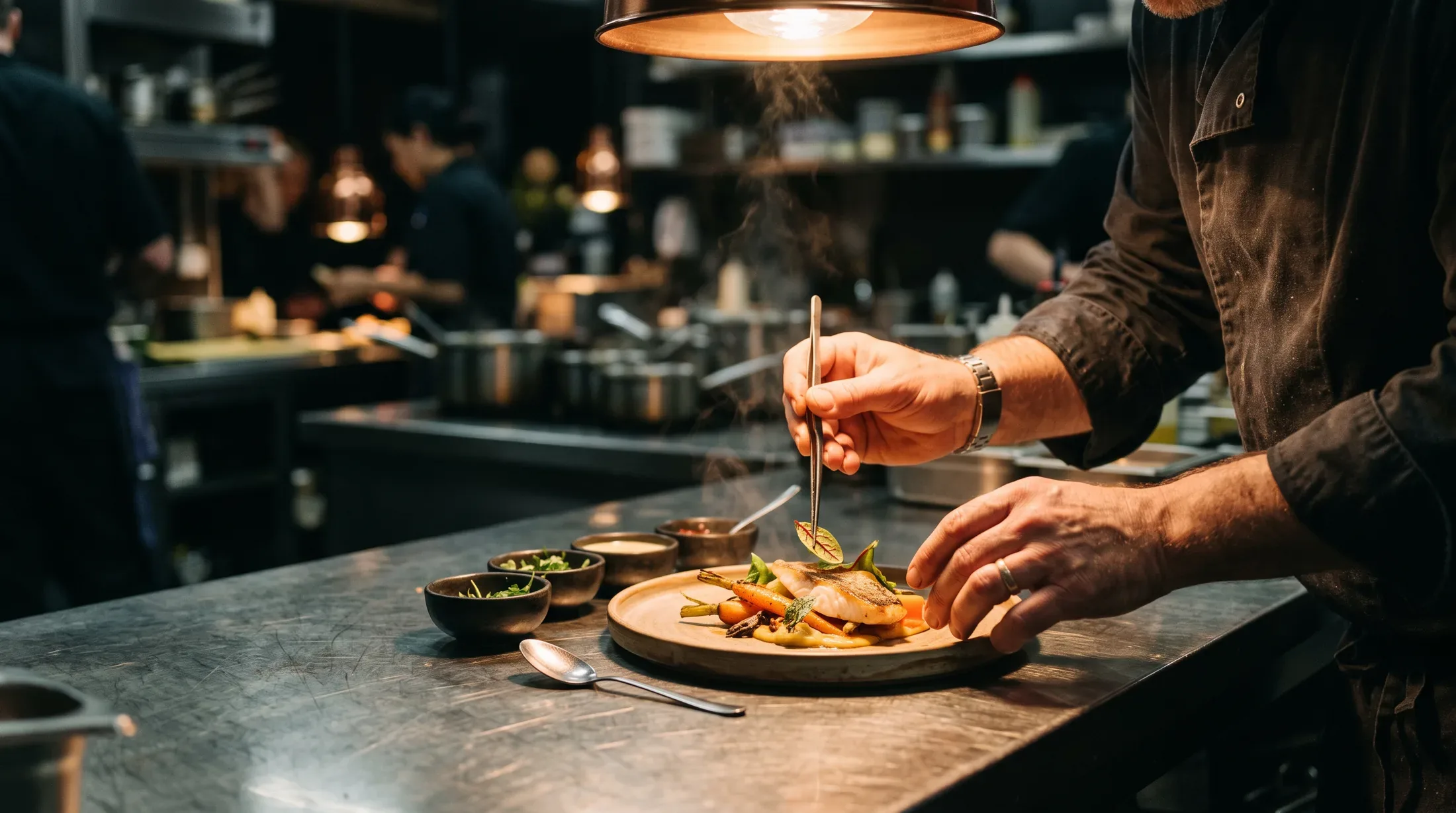 A cook's hands plating a dish on a kitchen pass counter, steam rising