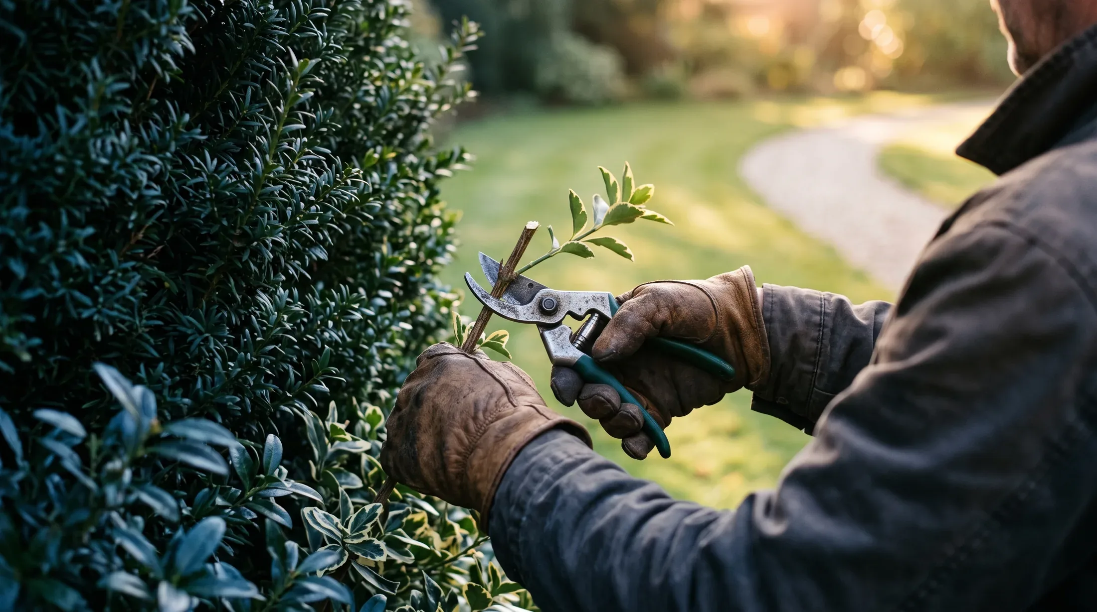 A groundskeeper's gloved hands cutting an ornamental shrub with bypass pruners at first light