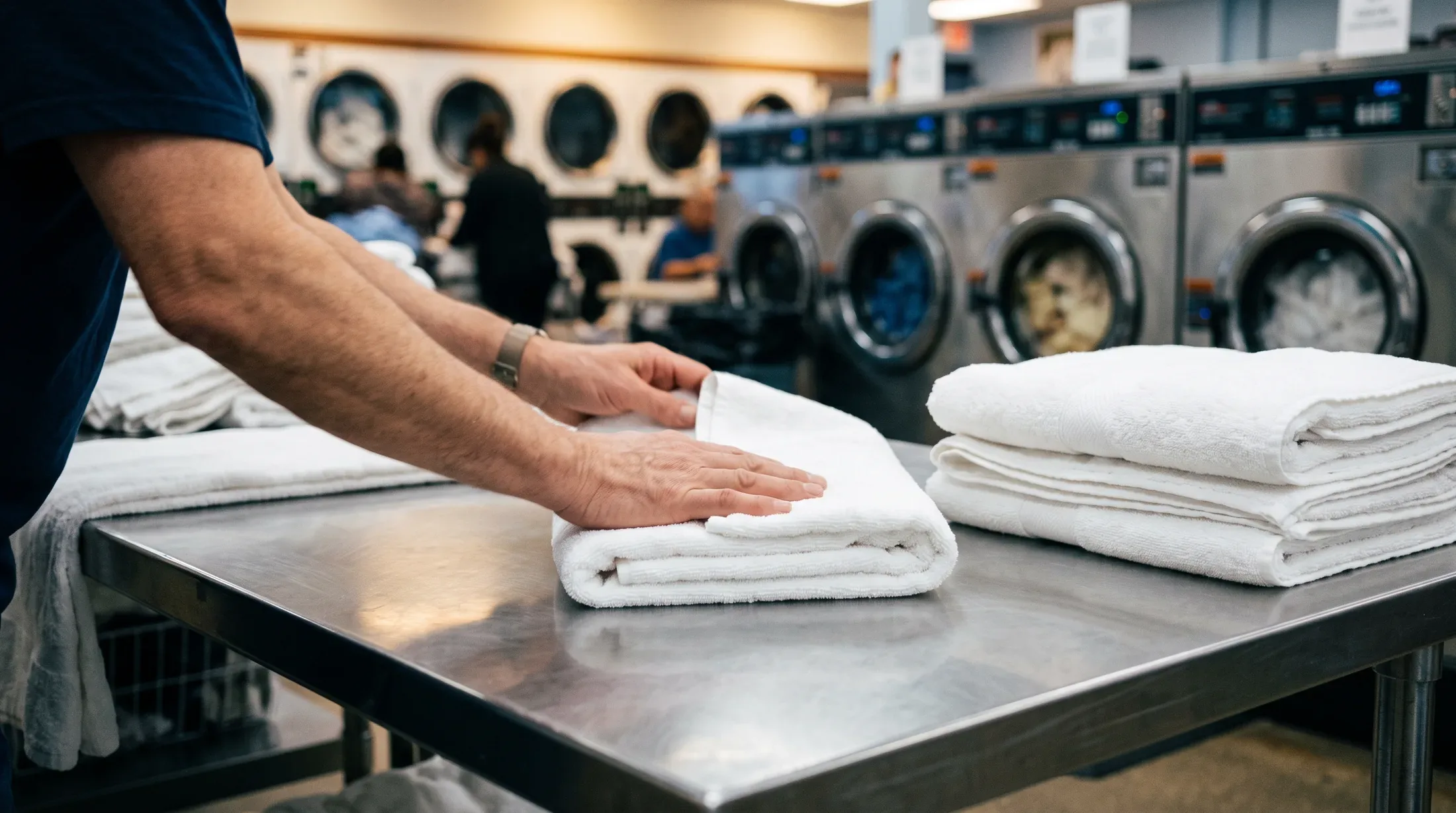 Hands folding a stack of clean white towels on a laundry room table