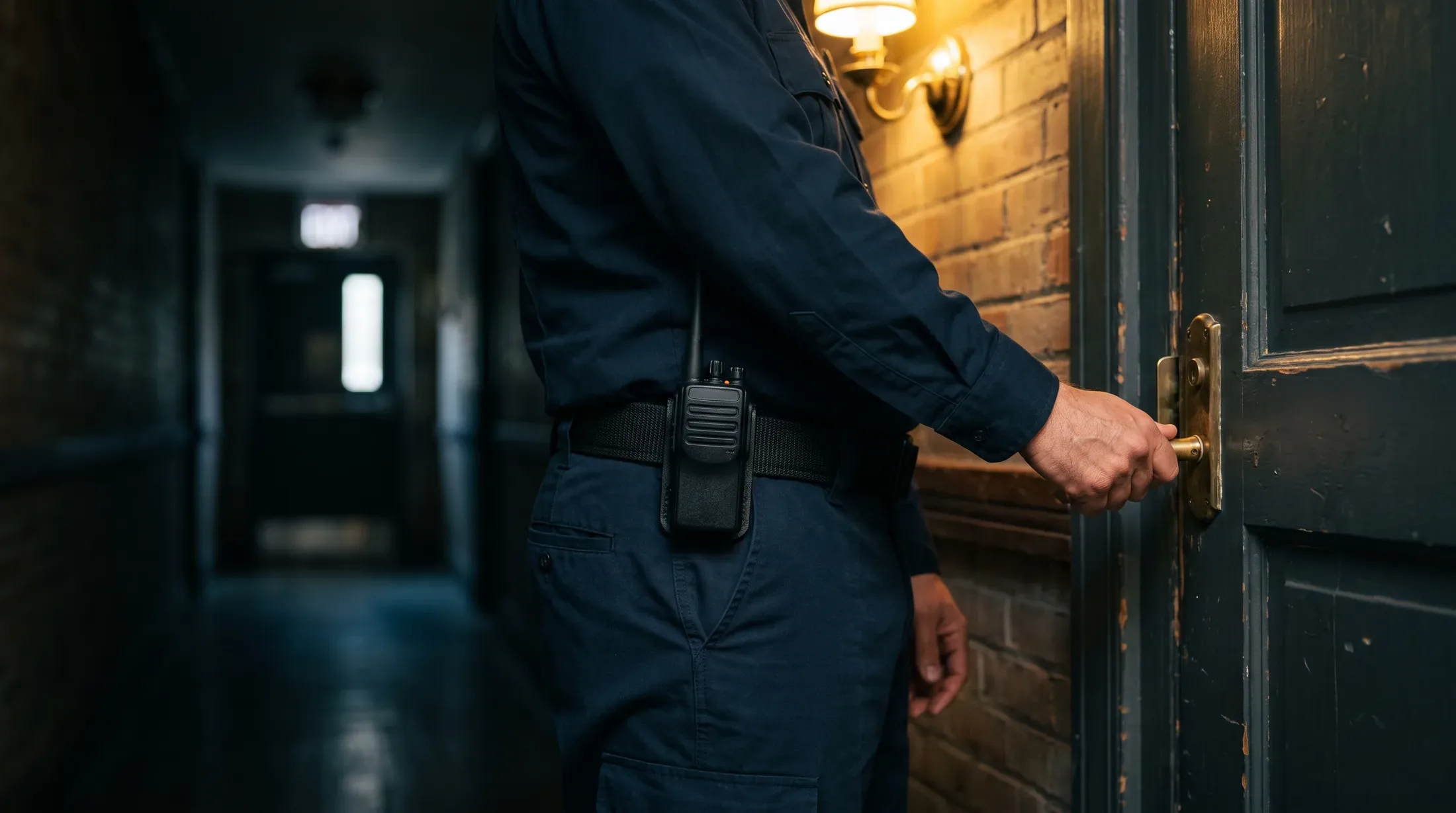 A security officer's hand checking a service door, radio on the belt