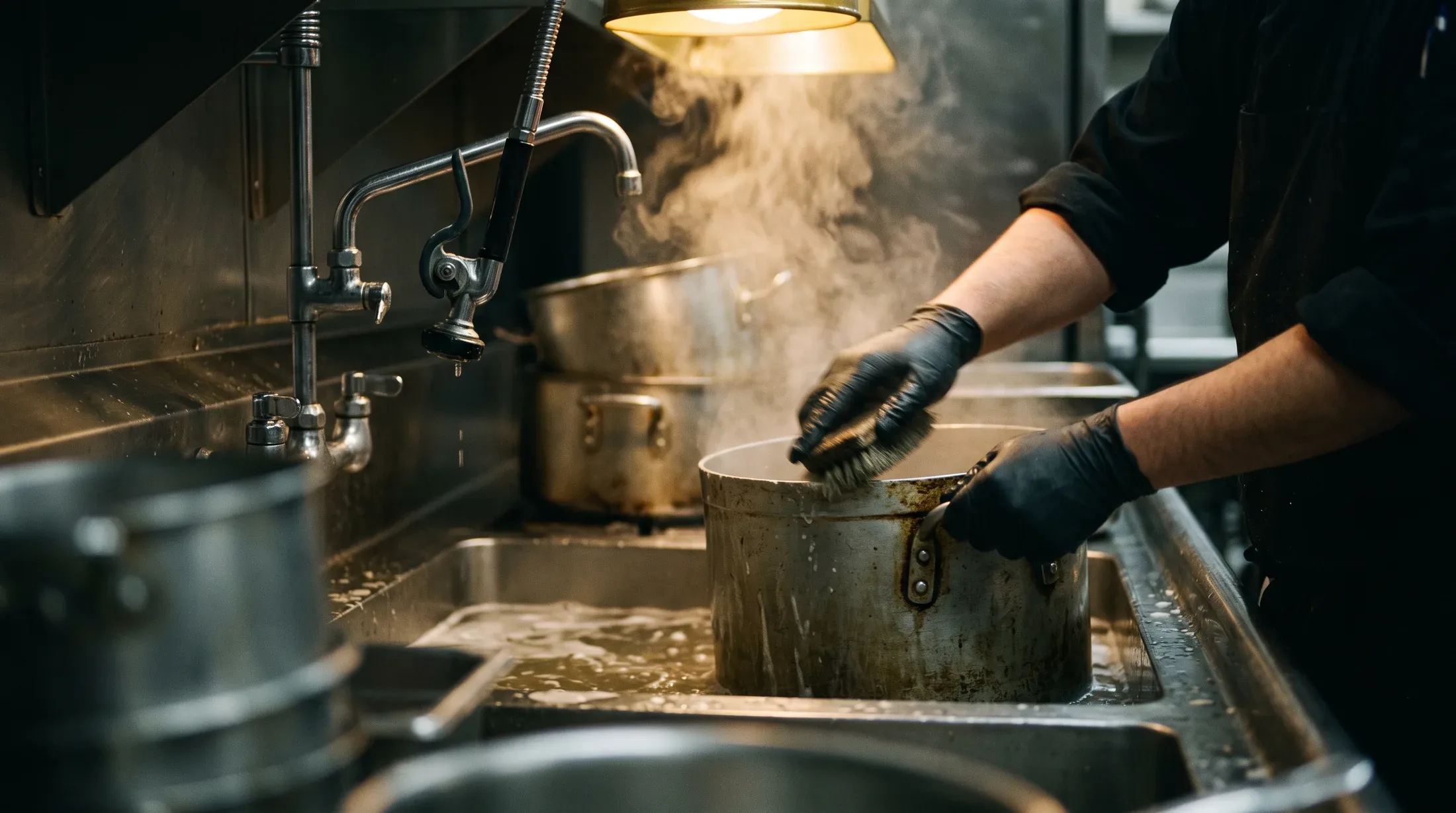 A steward's hands scrubbing a pot at a deep kitchen sink, steam rising
