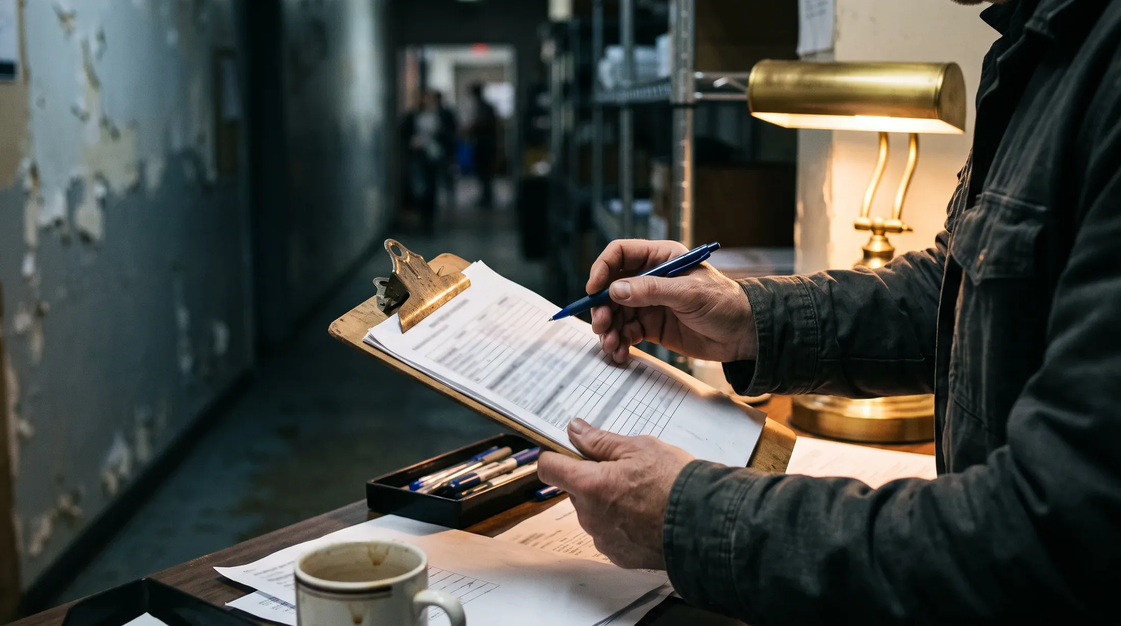 A supervisor's hands reviewing a schedule on a clipboard, back of house