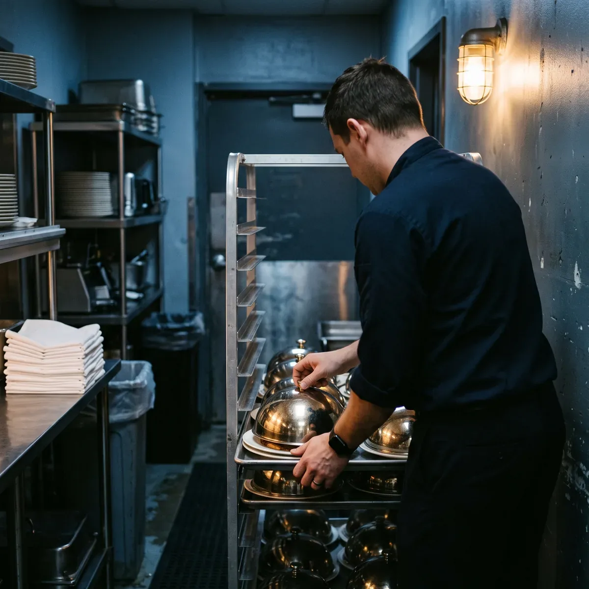 A banquet server setting a polished silver plate cover onto a loaded banquet cart in a back of house plating alley