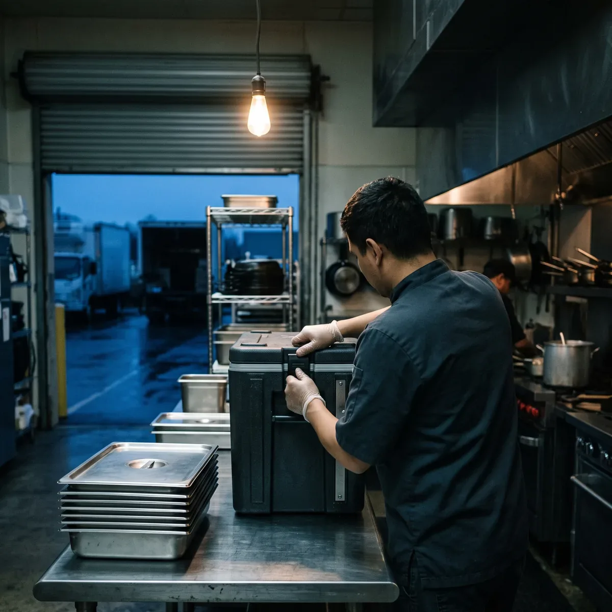 A catering crew member latching an insulated food transport carrier on a stainless prep table beside an open loading door at dawn