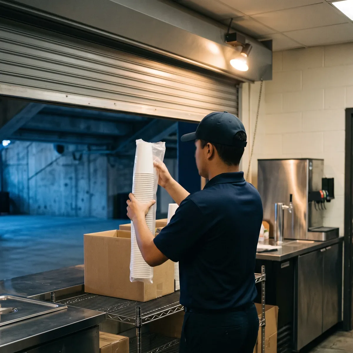A concessions attendant loading a sleeve of paper cups onto a shelf in a closed stadium stand before the gates open