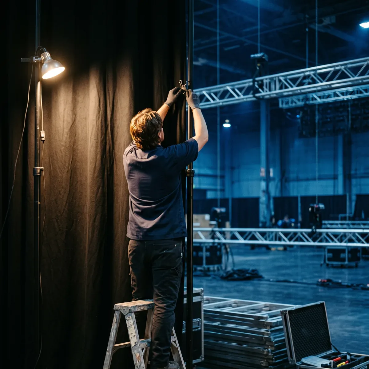 An event labor crew member on a step ladder clipping a drape panel onto a pipe upright in a half set exhibition hall