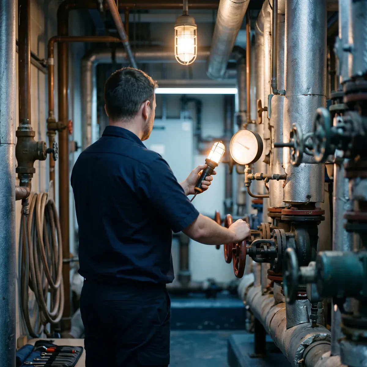 A maintenance technician holding a work light up to a pressure gauge on a bank of pipes in a building plant room