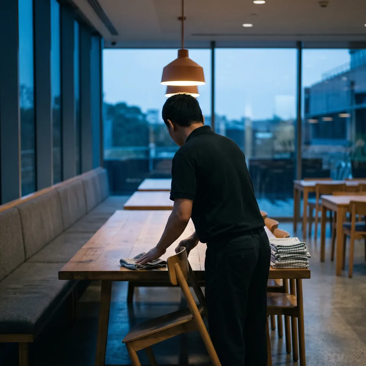 A dining room attendant wiping down a long communal table in a corporate dining hall in the first daylight