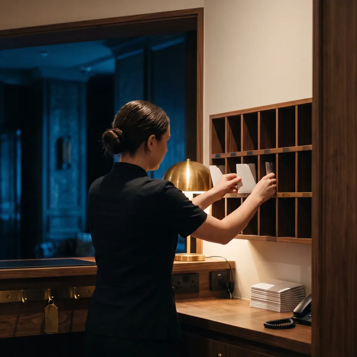 A guest services agent sorting blank key card sleeves into timber pigeonholes in the back office behind a hotel front desk