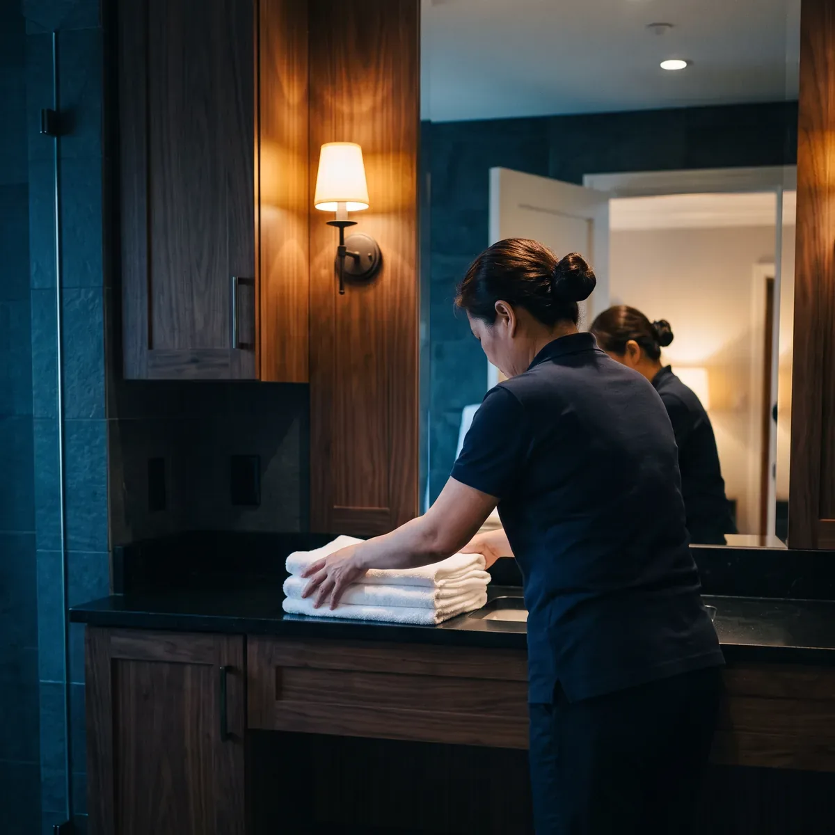 A room attendant setting a stack of folded white towels down on a guest bathroom vanity under a single warm sconce
