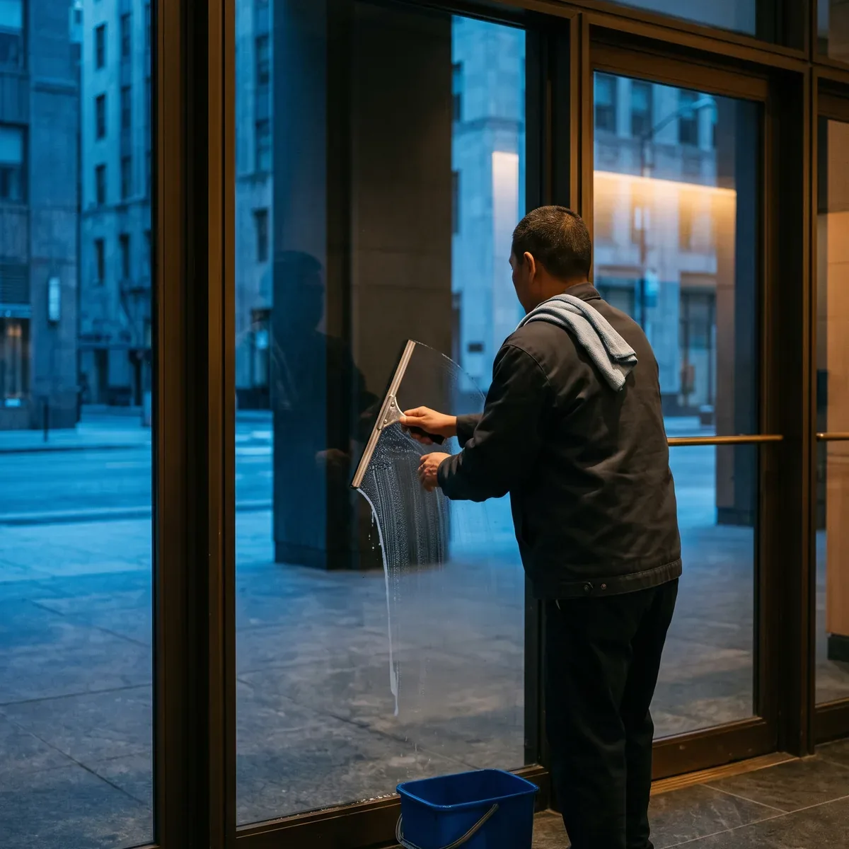 A cleaning attendant drawing a squeegee down the glass entrance wall of a lobby at first light