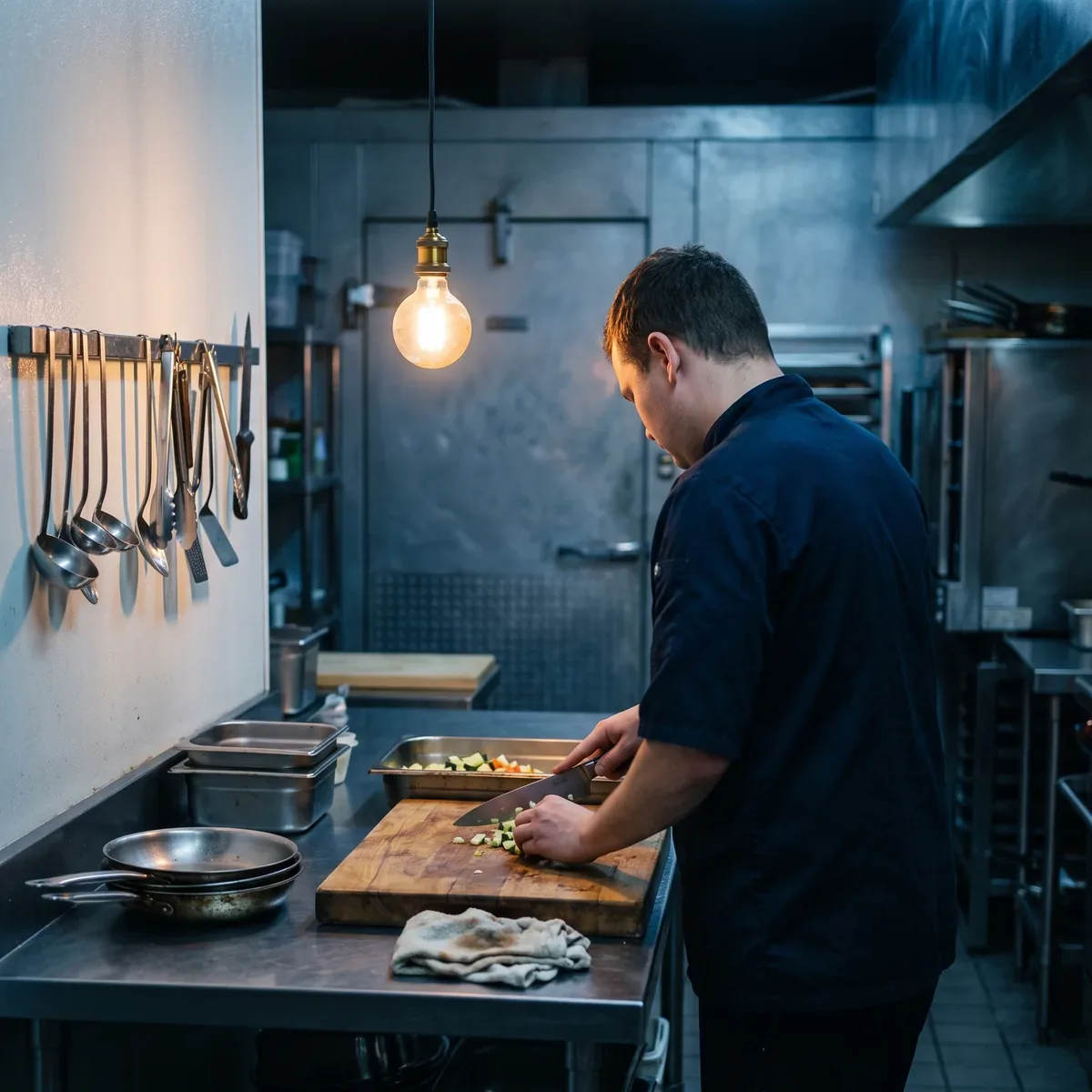 A cook working a knife on a timber board at a stainless prep table under a single warm bulb, hours before service