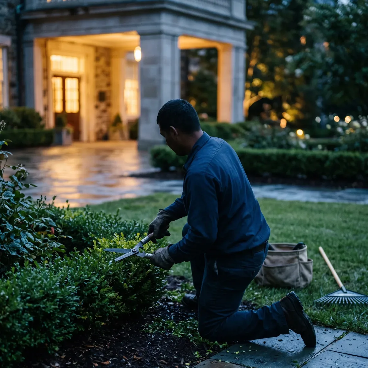 A grounds crew member kneeling to clip a hedge edge beside a stone walk, a warm lit portico behind