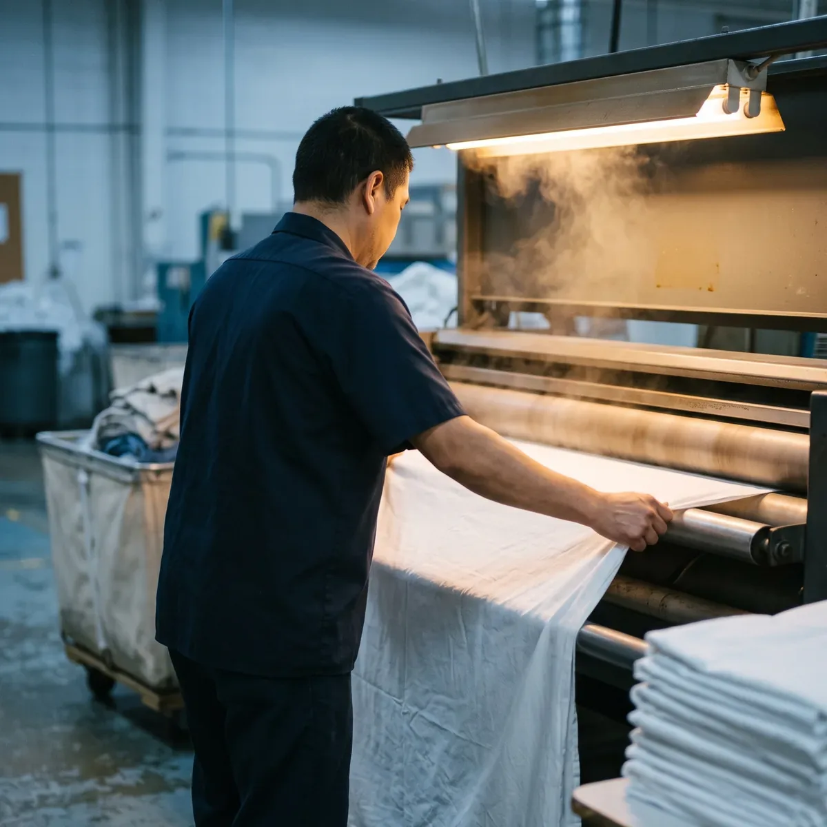 A laundry attendant feeding a white sheet into the rollers of a flatwork ironer, steam rising into the work light