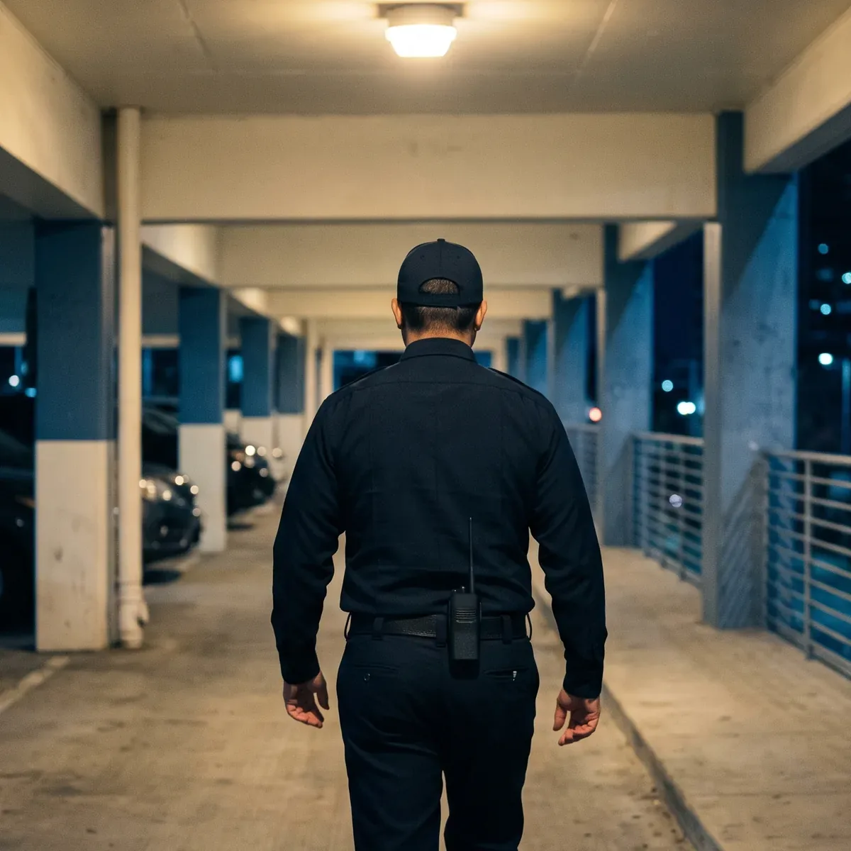 A security officer walking a patrol line down a lit parking structure deck at night, an unbranded radio at the belt