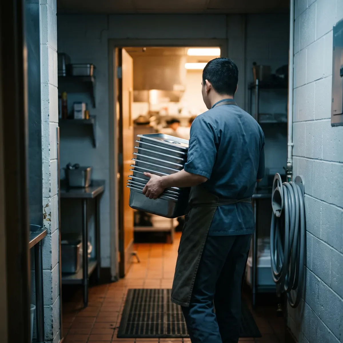 A steward carrying a stack of clean stainless pans along a back of house passage toward a warm lit kitchen doorway