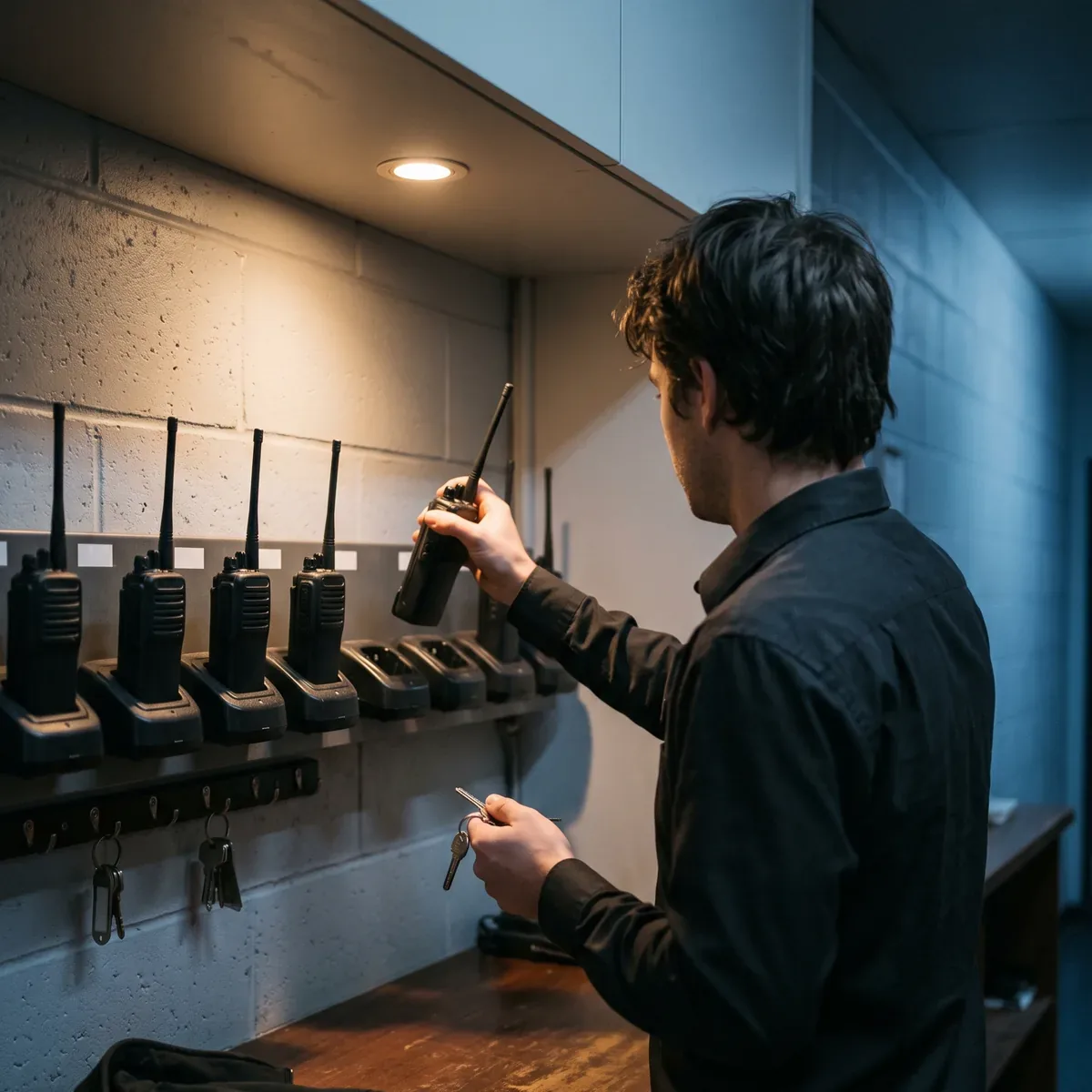 A supervisor lifting a radio out of a wall rack of charging cradles at the start of a shift, keys in the other hand