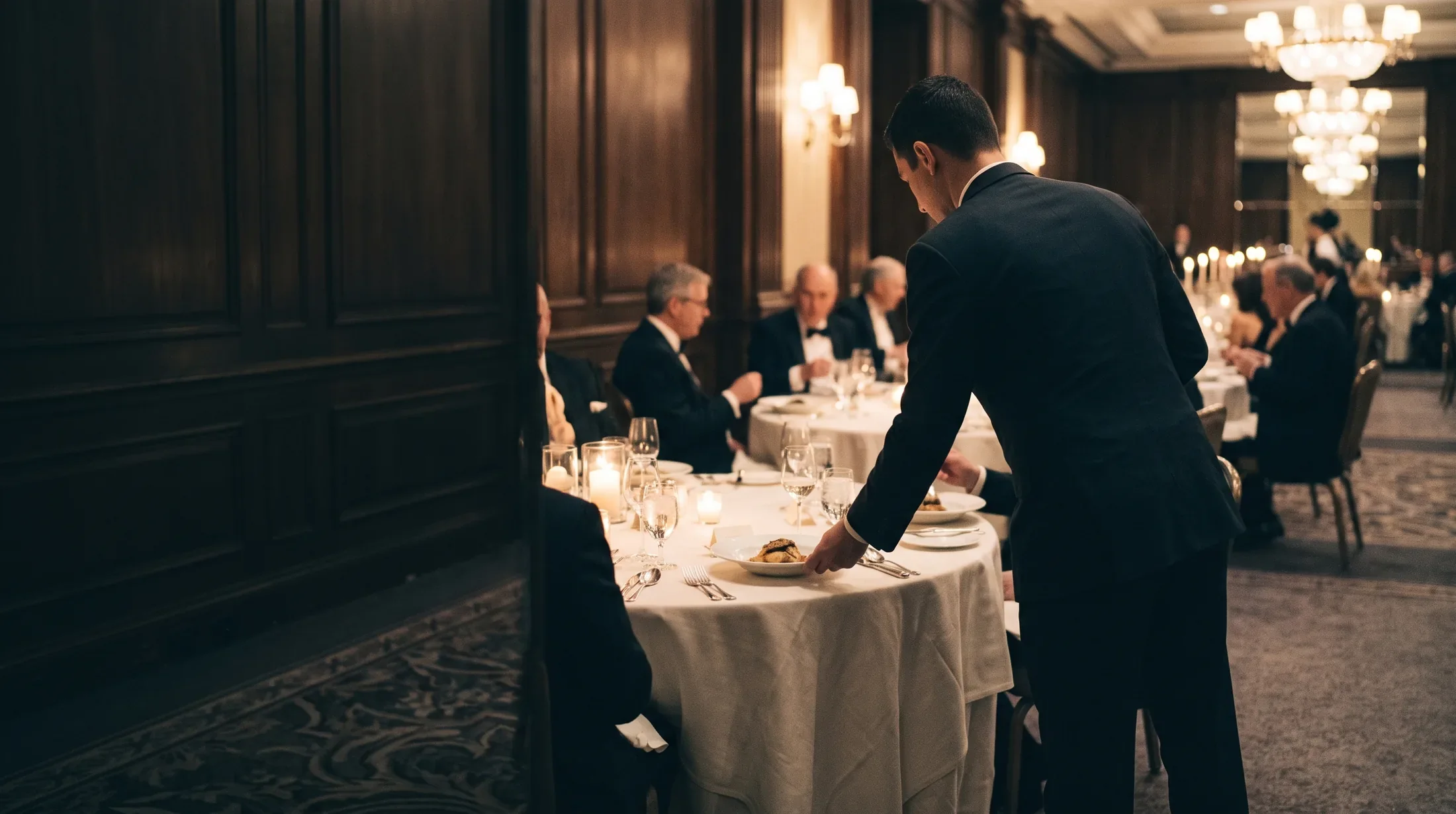 A banquet server in a dark uniform sets a plated course on a linen dressed round table during a formal dinner in a panelled hotel ballroom