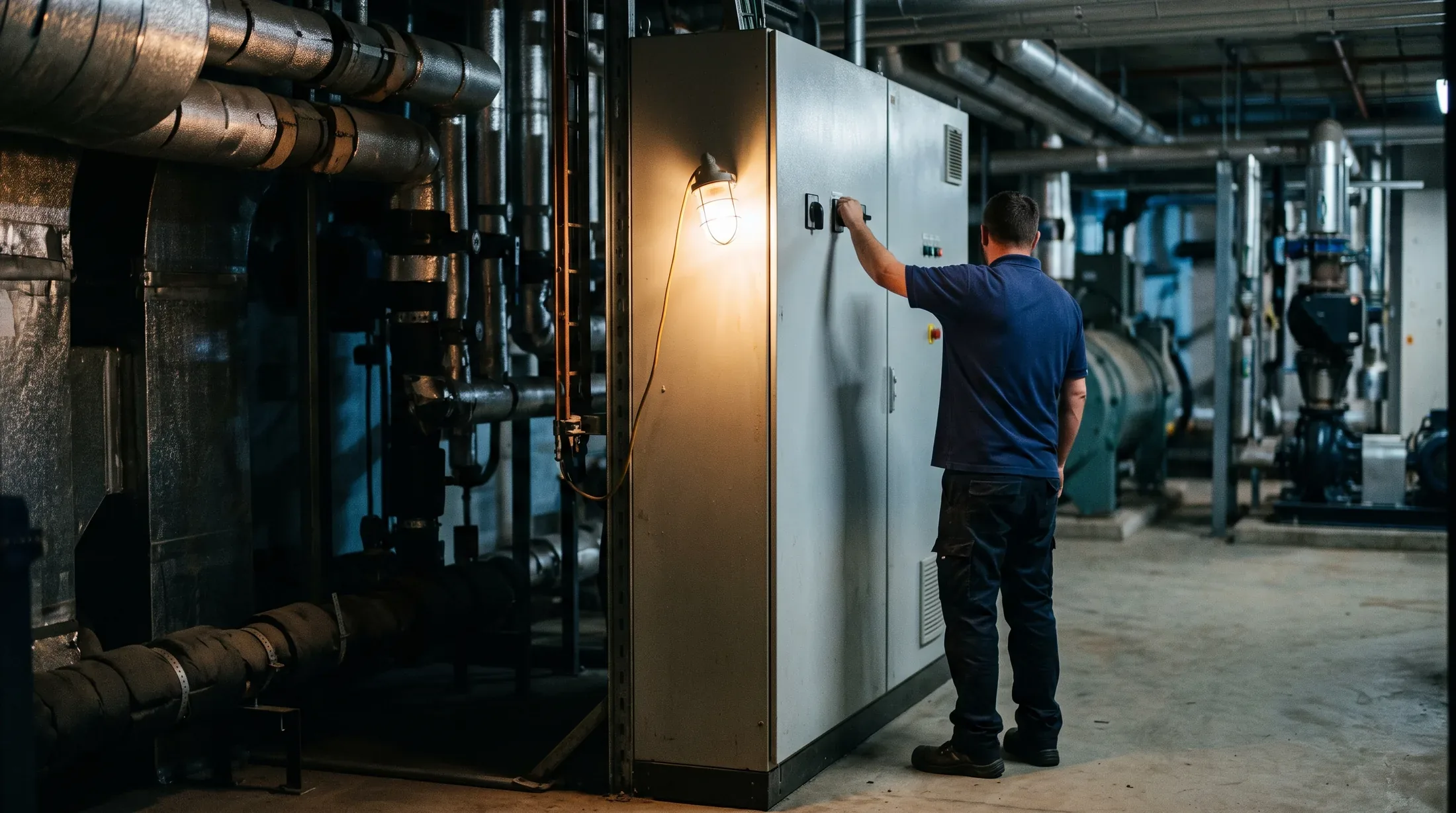 a maintenance technician working a back-of-house corridor