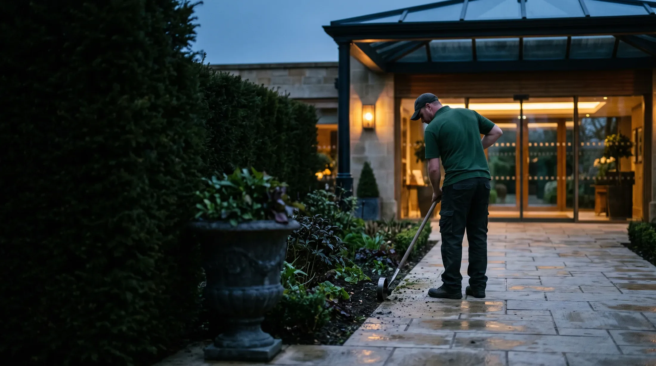 grounds crew working a property exterior at first light