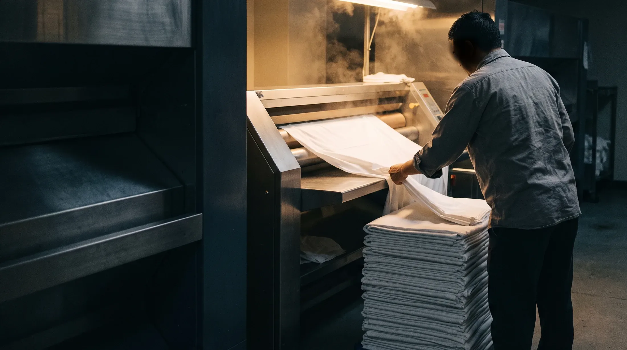 A laundry attendant guides a pressed white sheet off a flatwork ironer onto a stack of folded linen under a warm work lamp