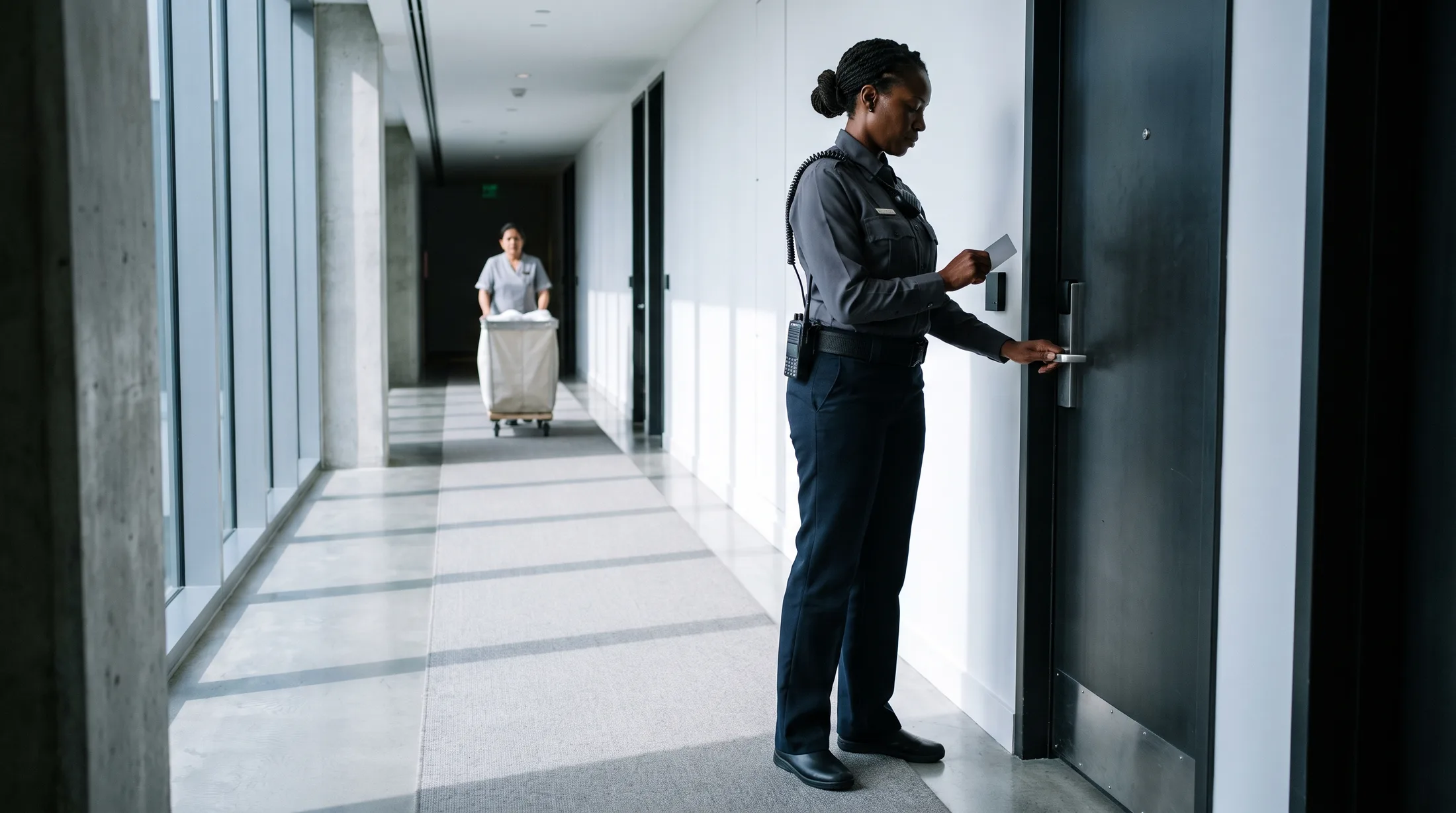 A hotel security officer holds an access card to the reader beside a steel staff door on a daylit guest floor corridor, one hand already on the door handle, while a room attendant walks a linen trolley away in the distance
