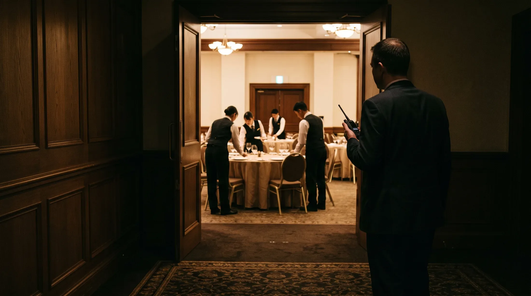 A floor supervisor with a two way radio watches from a dark corridor as a uniformed crew sets a round table in a lit function room