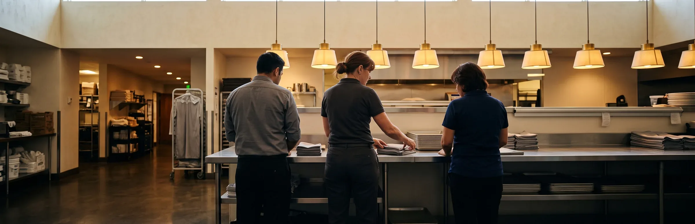A supervisor and two colleagues stand at a stainless preparation bench under a row of warm pendant lamps in a hotel back of house, all seen from behind.