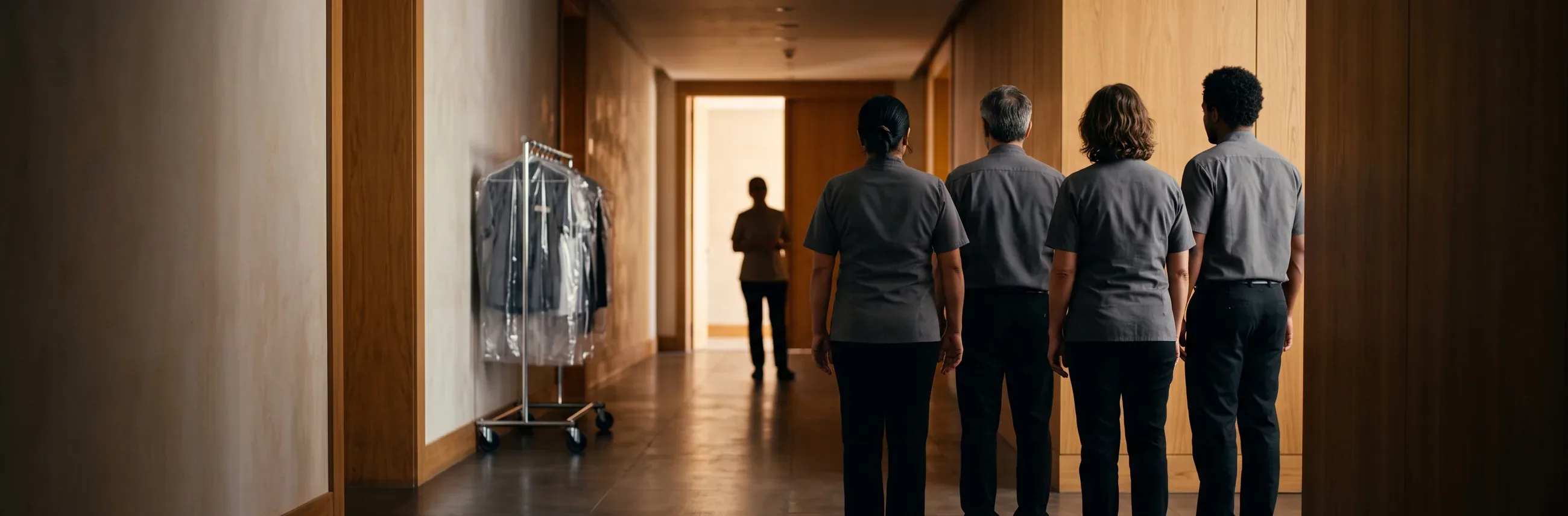 Four workers in pressed grey uniforms stand in a warm oak service corridor, seen from behind, facing a supervisor at the lit doorway at the far end.