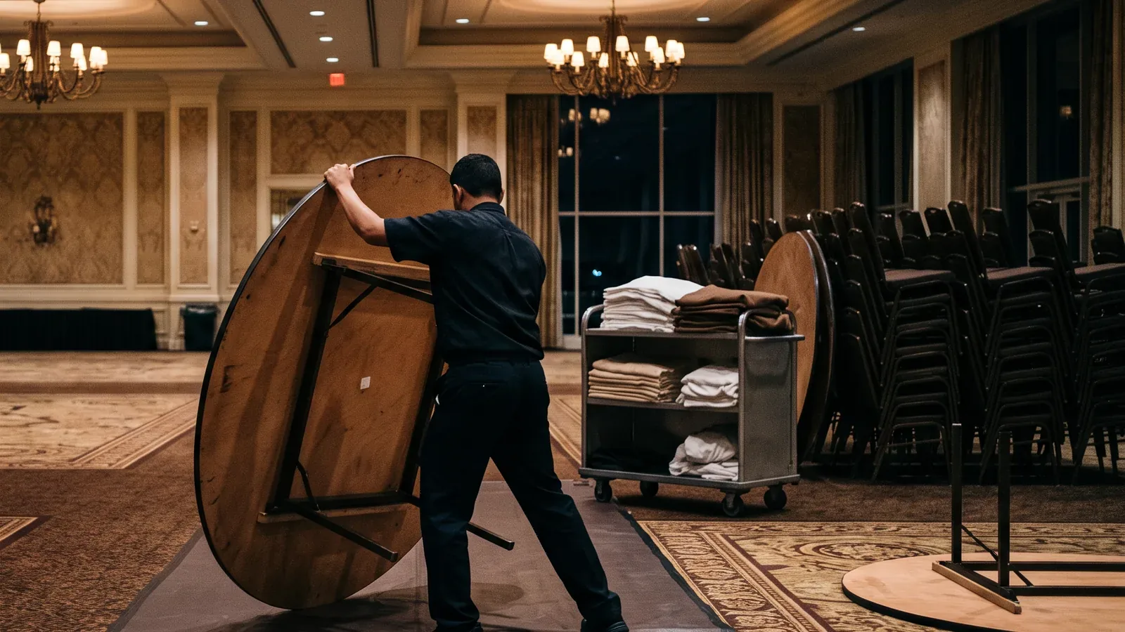 A banquet worker turning a round table in a ballroom between events