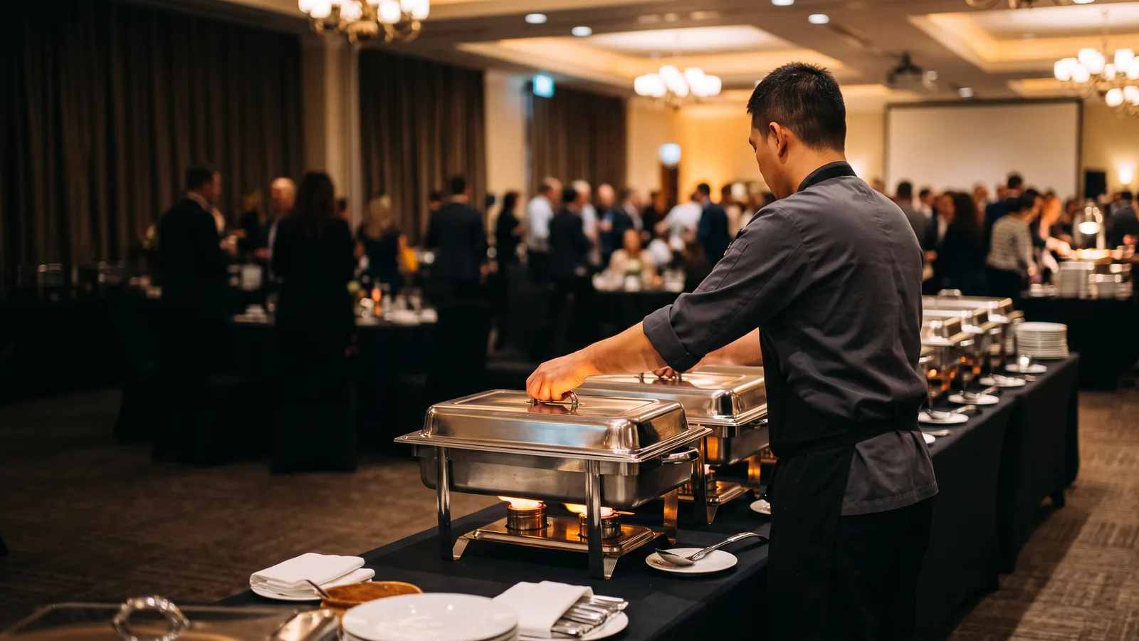 A catering attendant tending a chafing line at a reception