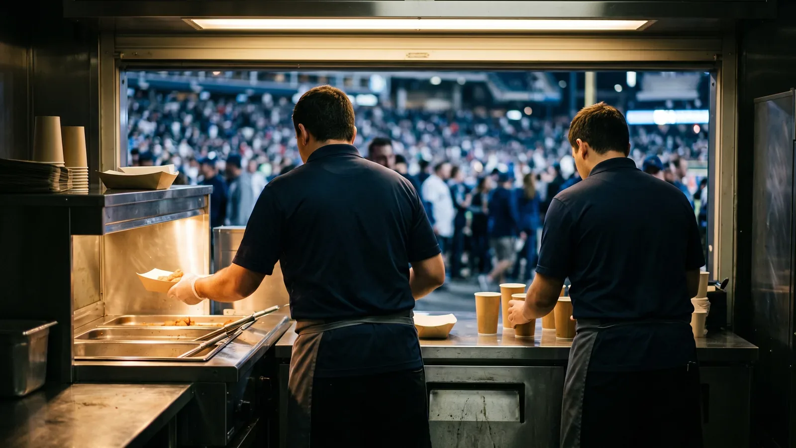 Concession workers plating trays at a stand counter during an event