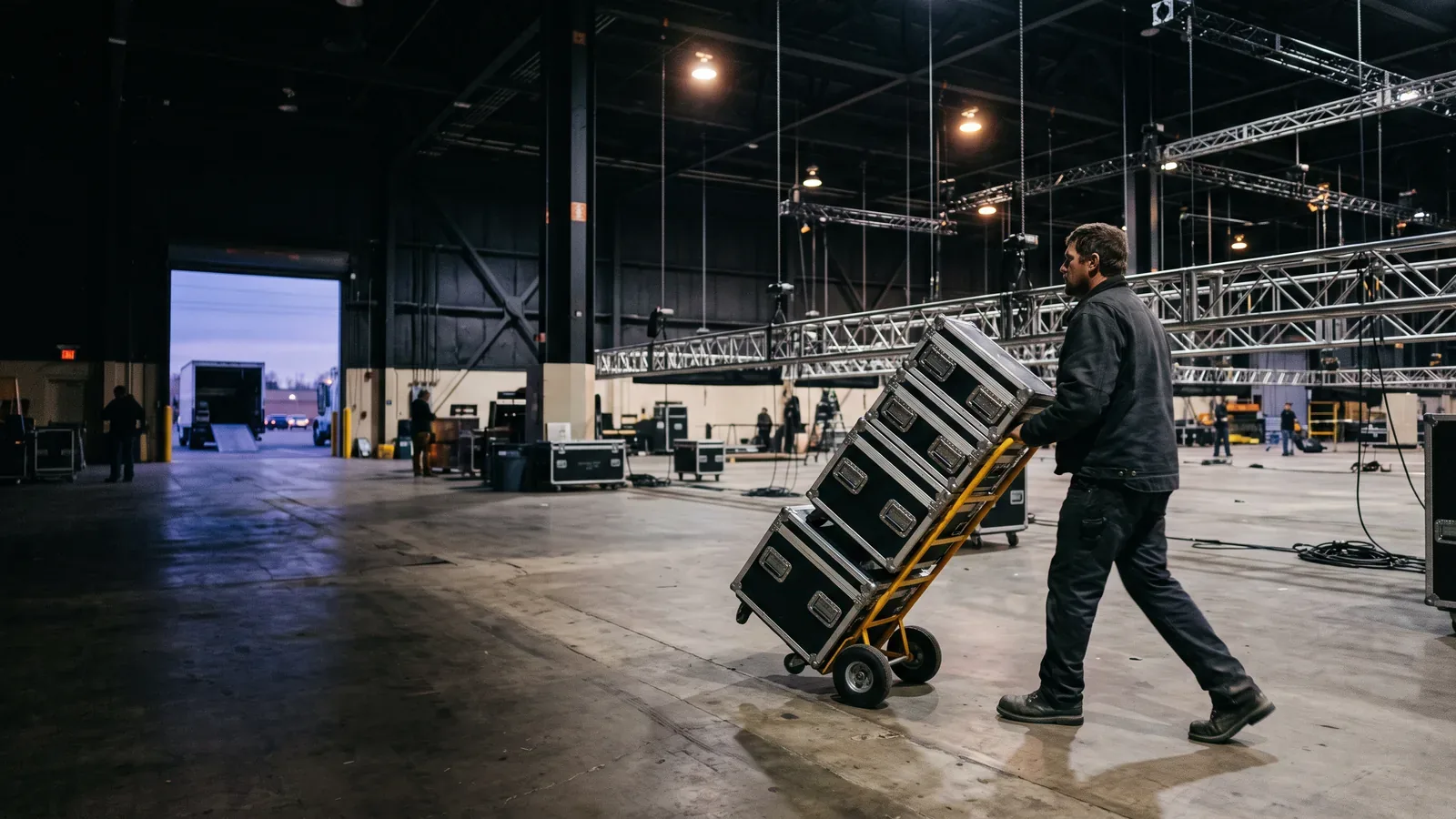 A crew member wheeling a stack of road cases across a hall floor