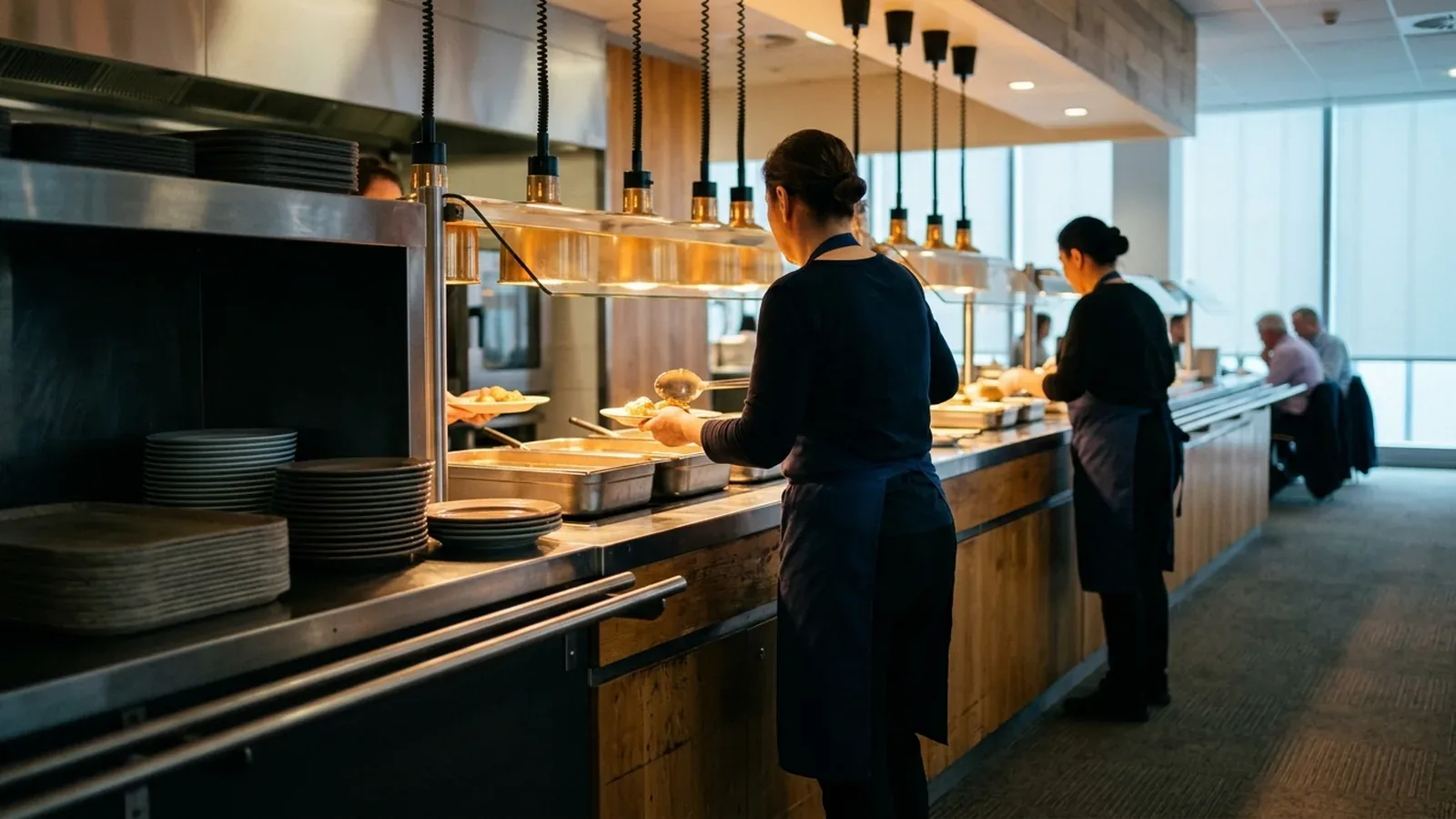 A cafeteria attendant plating from the hot line at a serving counter, warm heat lamps overhead and daylight beyond
