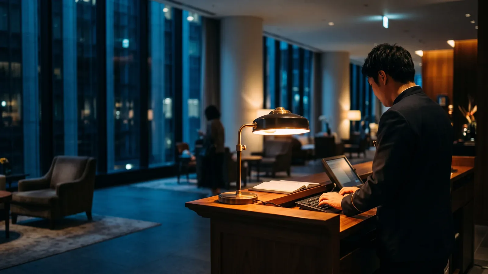 A front desk agent working the terminal at a hotel desk at night