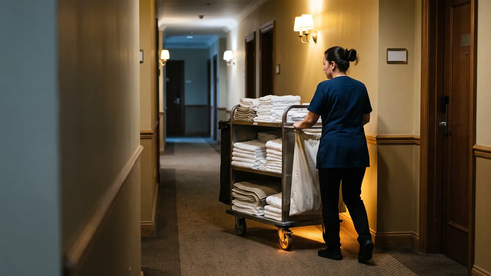 A room attendant moving a stocked linen cart down a guest corridor