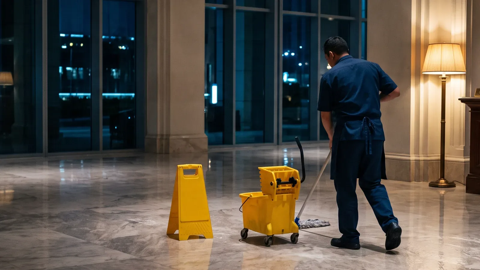 A cleaner mopping a lobby floor at night beside a wet floor sign
