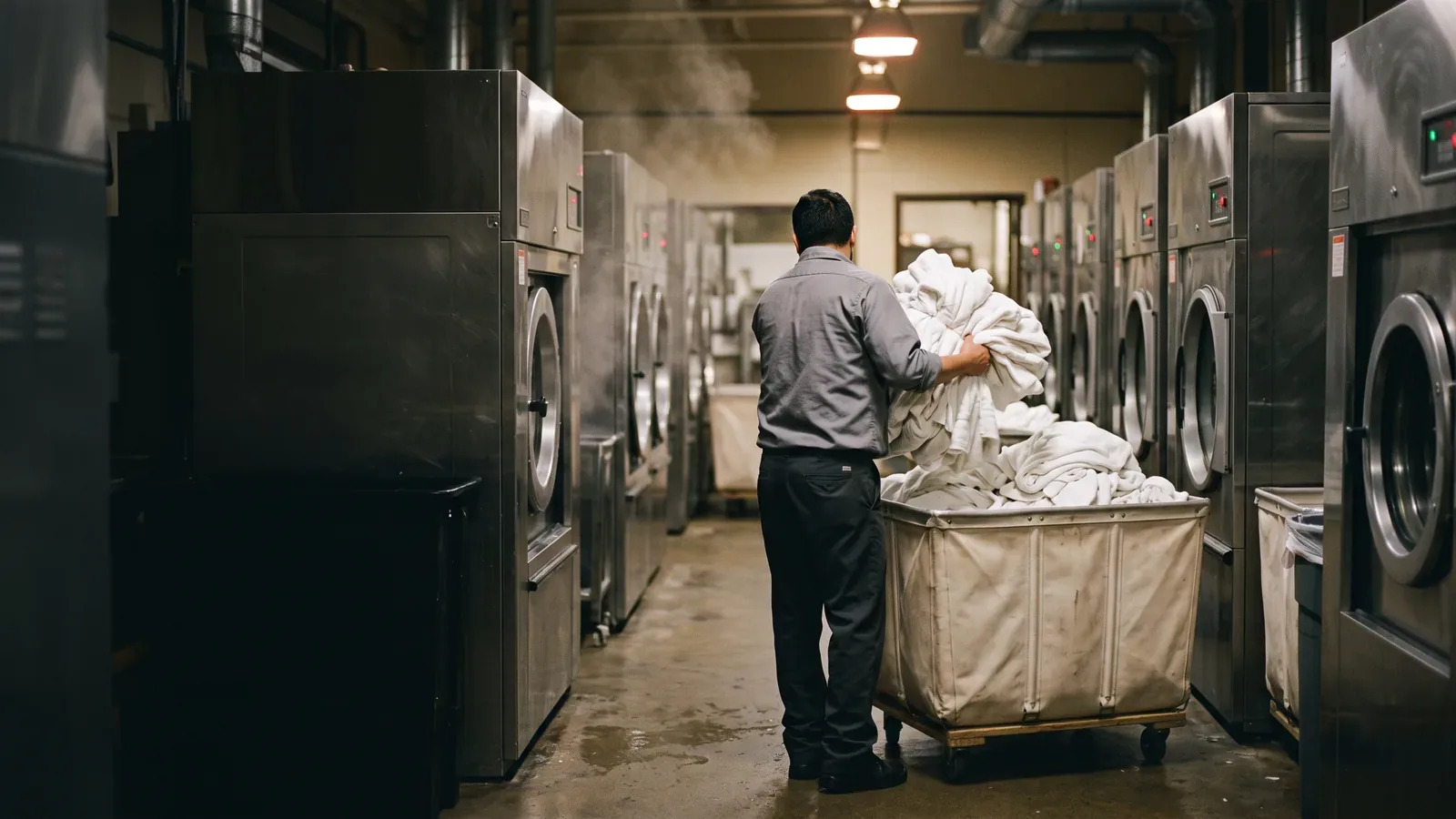 A laundry attendant loading a canvas cart in an industrial laundry room