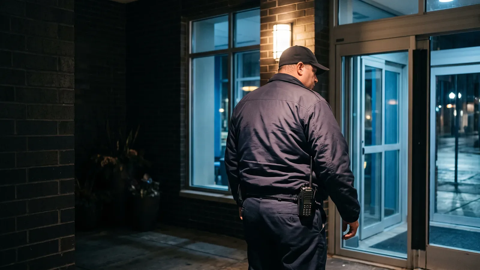 A security officer holding a post at a lit property entrance at night