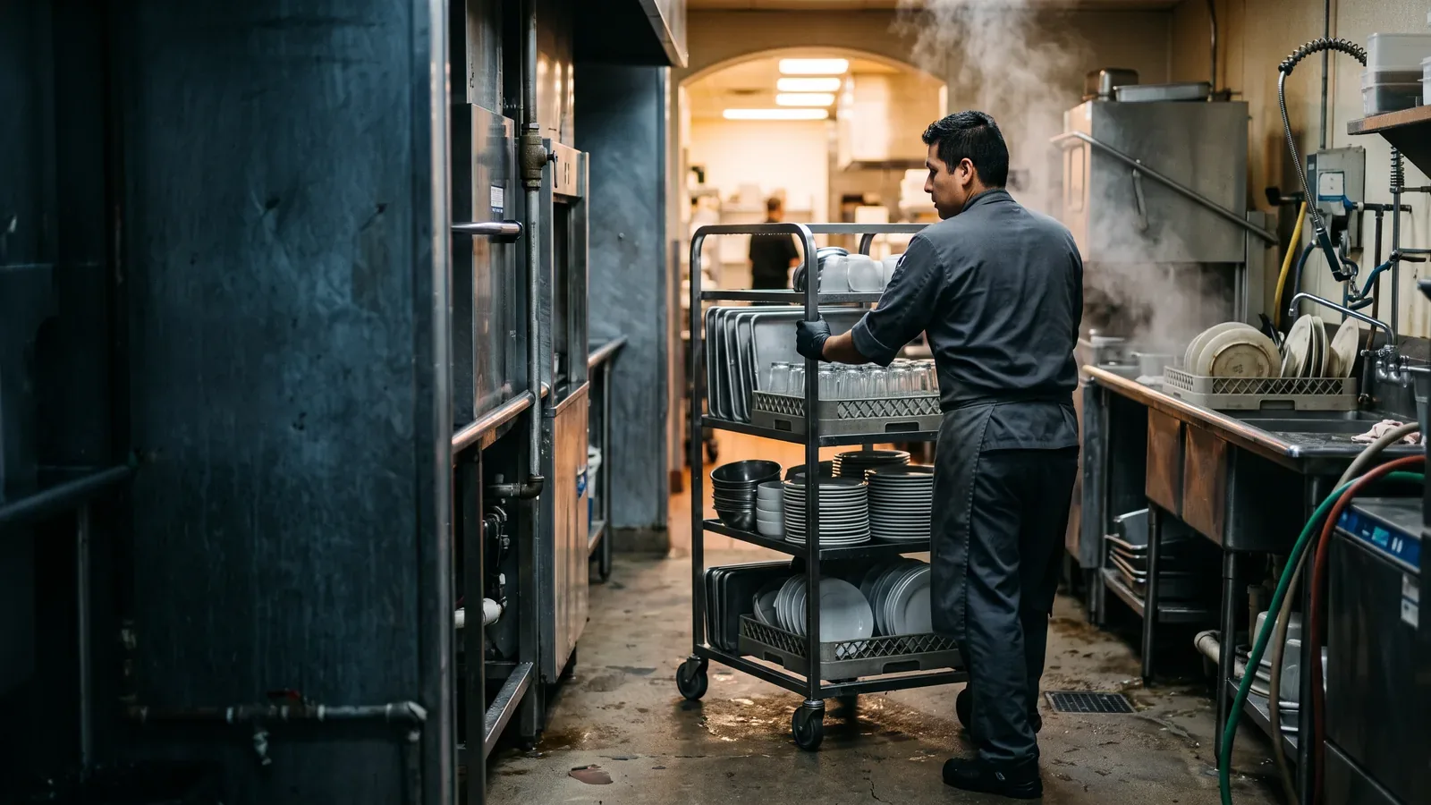 A steward pushing a rack of clean plates out of a dish pit