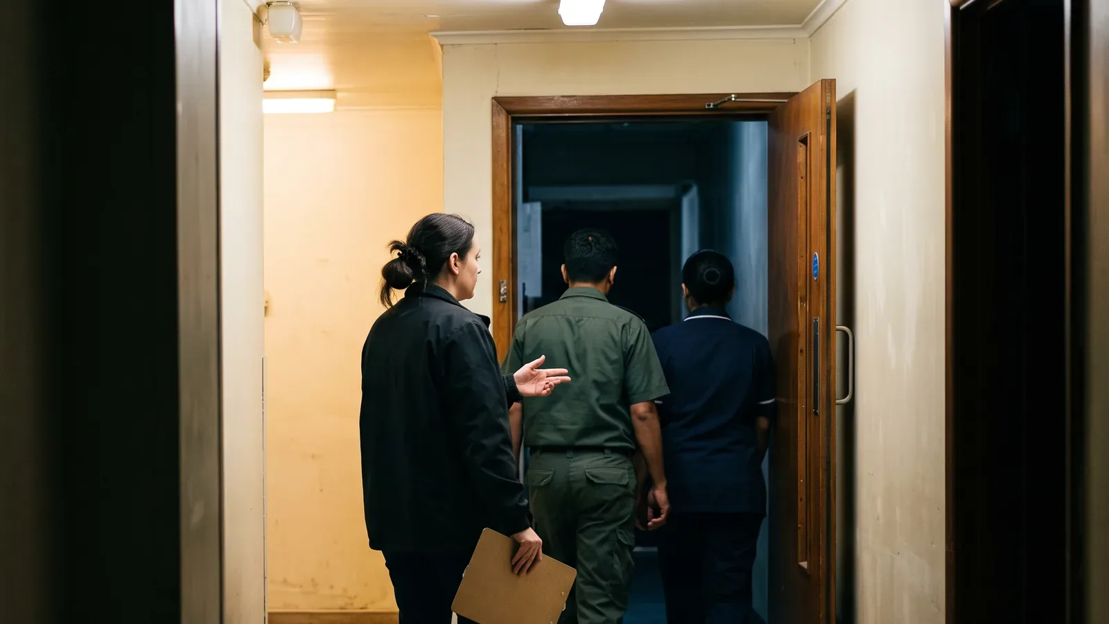 A supervisor briefing two staff through a back of house doorway