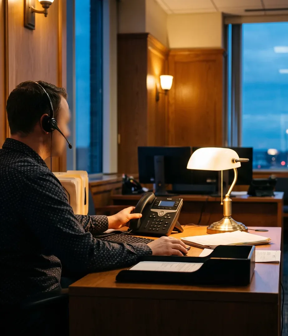 A coordinator at a lit desk after dark, wearing a headset, one hand on the telephone.
