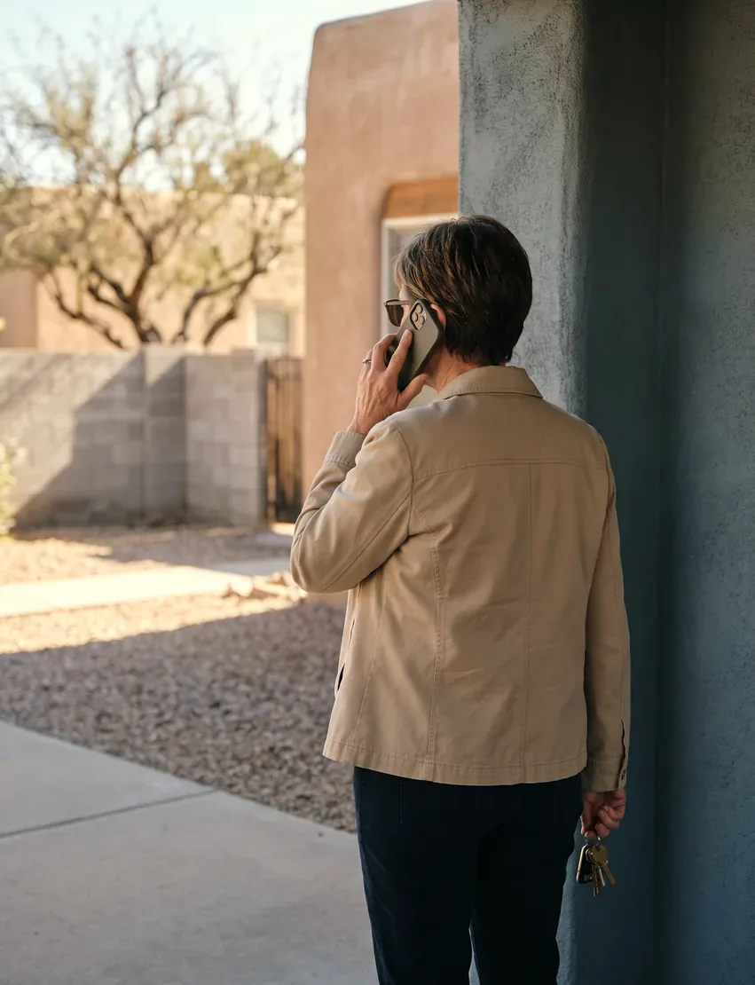 A woman standing beside a warm stucco wall in bright daylight, seen from behind, holding a phone to her ear and listening, with a gravel yard, a block wall and a desert tree beyond her